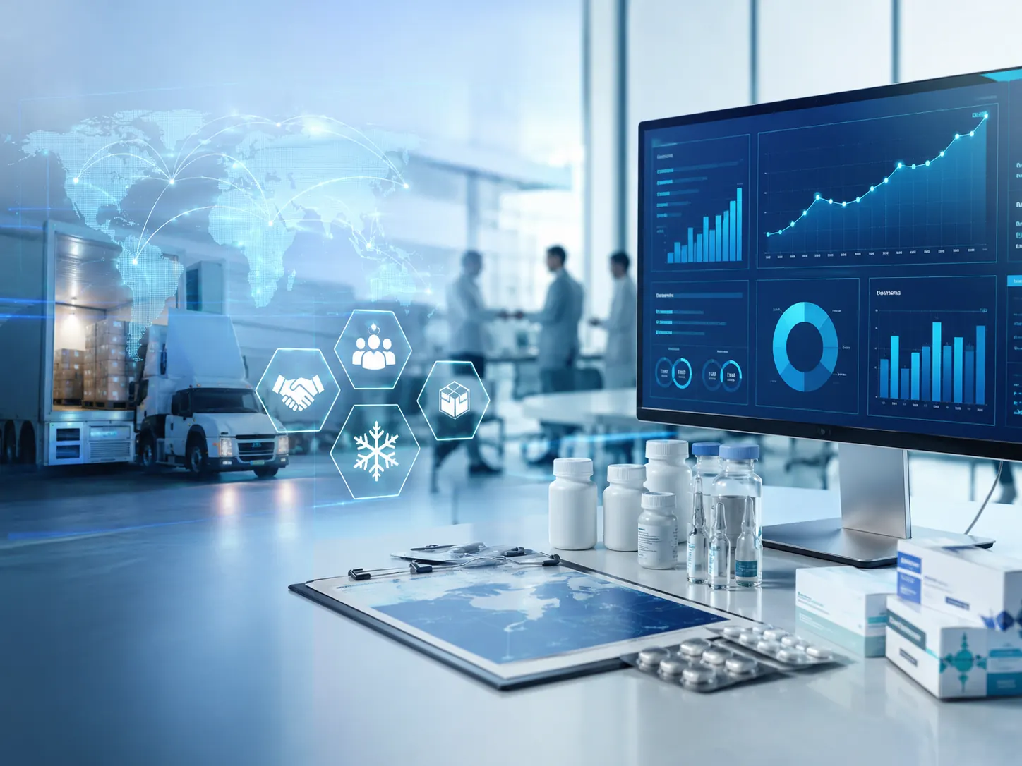 Future pharmaceutical portfolio and healthcare distribution growth concept