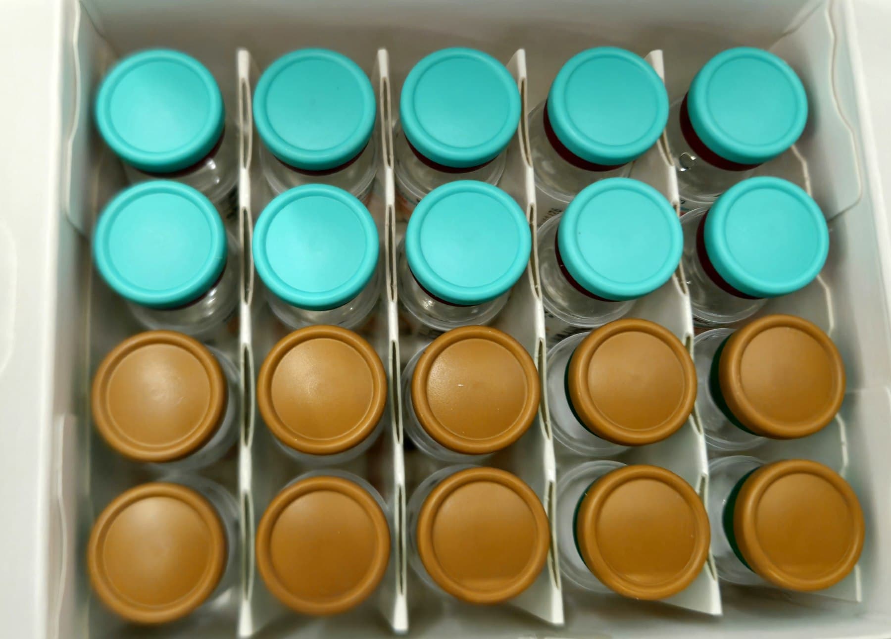 Close-up of pharmaceutical vials with different colored caps