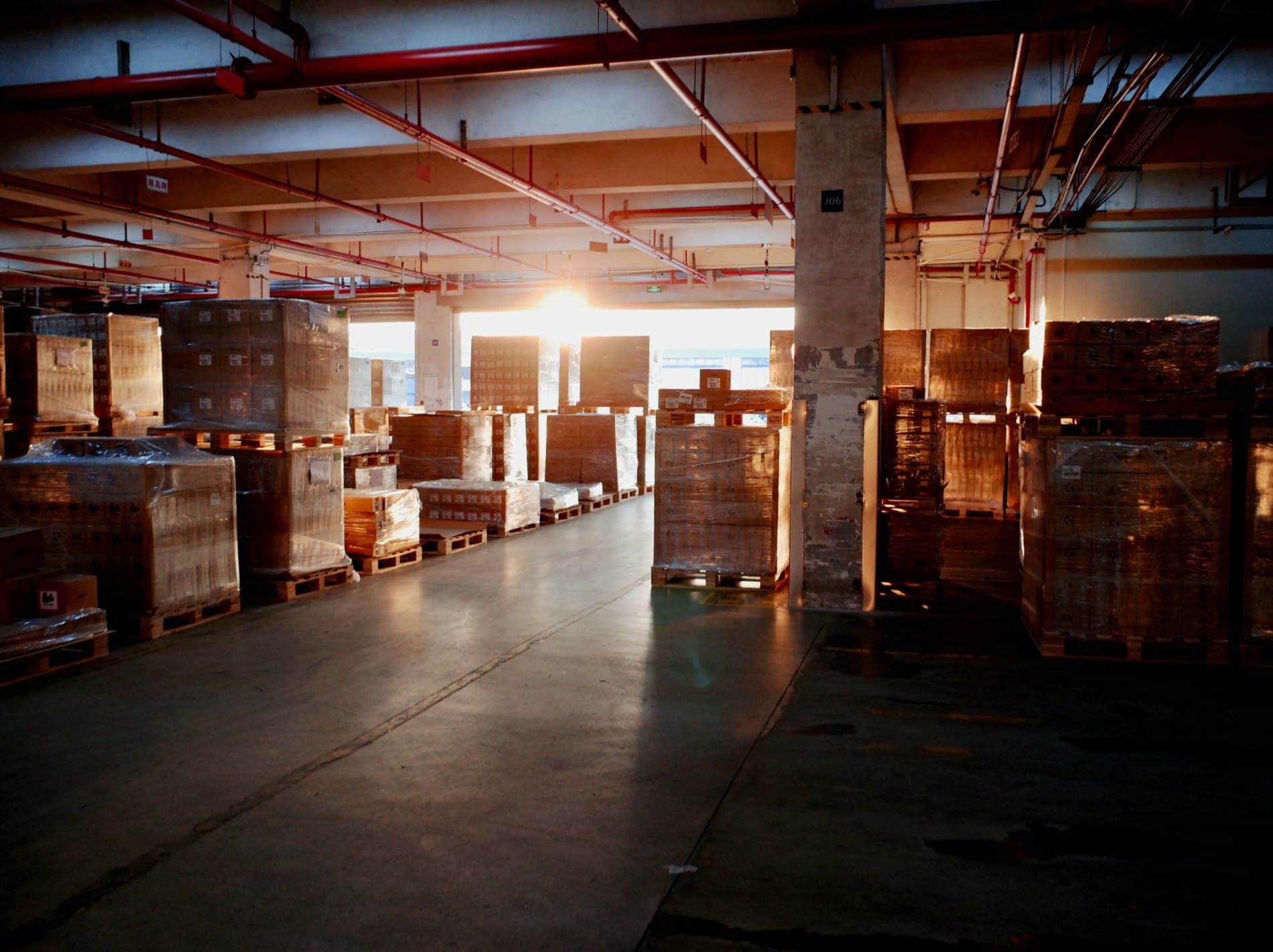 Palletized stock inside a distribution warehouse